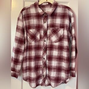(maurices) burgundy red & white plaid button down comfy women’s top